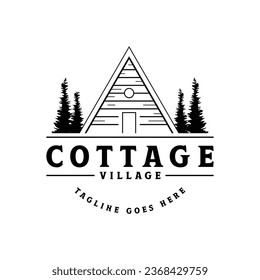 Vintage rustic cabin or cottage logo design with forest and mountain views.