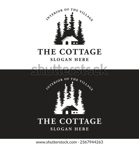 Vintage rustic cabin or cottage logo design with forest and mountain views.
