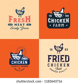 Vintage rustic chicken emblems. Collection of vintage retro farm labels and design elements. Vintage chicken meat labels.