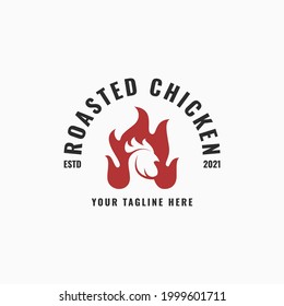 Vintage Rustic Chicken Logo, Roasted Chicken Barbeque Barbecue Bbq Grill Fire Retro Hipster Icon Label Symbol Vector Template, Suitable For Food Stalls, Restaurant, Chef, Meat Shop, Butcher, Etc