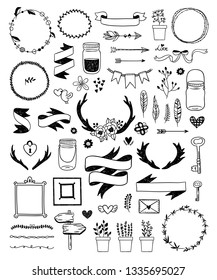 Vintage rustic collection on white background. Hand drawn vector design elements: wreaths, frames, borders, horns, flowers, arrows and feathers