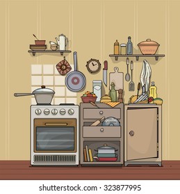 Vintage, rustic, cozy kitchen, with various utensils and items, vector illustration