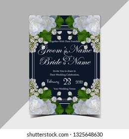 Vintage rustic navy floral wedding invitation with gorgeous realistic white roses and green leaves