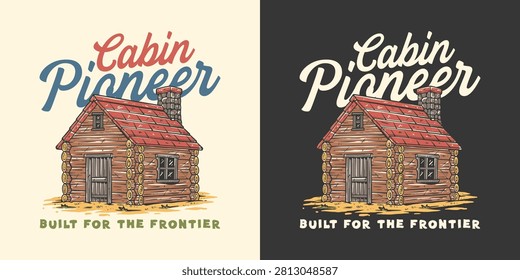 Vintage Rustic Pioneer Log Cabin with Timber Walls, Stone Chimney. Engraved Classic Homestead Hand Drawn Retro Design Vector Illustration