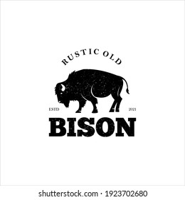 Vintage Rustic Retro Bison Logo Silhouette, Black Buffalo Wild Animal Vector Emblem Graphic Design Element Ideas