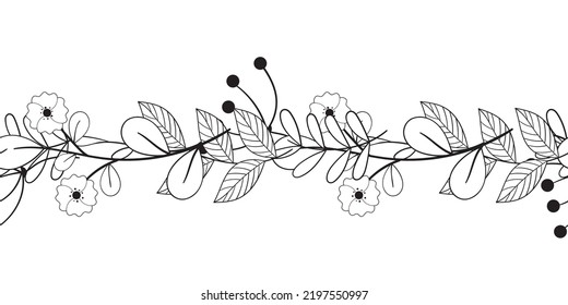 Vintage Rustic Seamless Pattern Border With Floral Motif. Flowers Black And White Line Illustration. Umberella Berry Branch And Flowers With Leaf