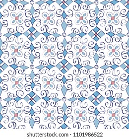 Vintage rustic seamless pattern. Ethnic ornament. Stylized decorative flowers in folk style. Pizhemskaya painting. Blue, white and red. Outline seamless texture. Vector illustration.