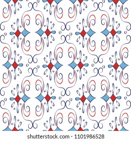 Vintage rustic seamless pattern. Ethnic ornament. Stylized decorative flowers in folk style. Pizhemskaya painting. Blue, white and red. Outline seamless texture. Vector illustration.