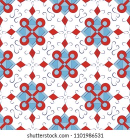 Vintage rustic seamless pattern. Ethnic ornament. Stylized decorative flowers in folk style. Pizhemskaya painting. Blue, white and red. Outline seamless texture. Vector illustration.