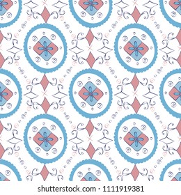 Vintage rustic seamless pattern. Ethnic ornament. Stylized decorative flowers in folk style. Pizhemskaya painting. Blue, white and red. Outline seamless texture. Vector illustration.