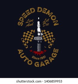 vintage and rustic spark plug and checkered flag emblem on a dark background