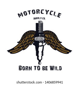 vintage and rustic style motorcycle club emblem with spark plug and wings, isolated on a white background, suitable for motorcycle apparel design.