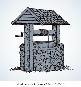Vintage rusty stone well covered tiled roof in green village yard. Vector monochrome freehand linear ink drawn background sketchy in art scribble antique style pen on paper with space for text on sky