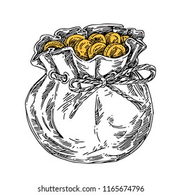 Vintage sack of coins tied with rope. Engraving style. Vector illustration.