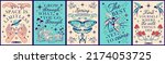 Vintage sacred celestial posters and boho prints with blooming florals, shrooms, moth, crescent moon. Retro alchemy miracle set. Witchcraft graphic for tee, t shirt, t, sweatshirt.
