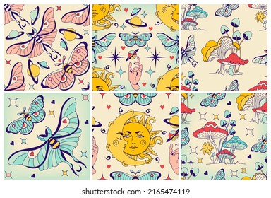 Vintage sacred seamless patterns with celestial witchcraft elements: sun, shrooms, moth, crescent moon. Retro miracle set. Backdrop for yoga, fabric design, witchcraft digital or wrapping paper