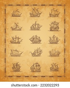 Vintage sail ships and sailboats. Old vessel sketch, ancient map or ocean geography parchment scroll paper background with hand drawn historic battleships and sailboats, buccaneer engraved frigates svg