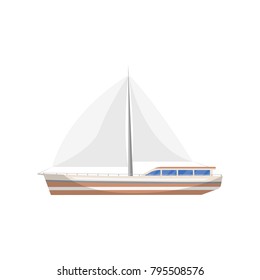 Vintage sail yacht side view isolated icon. Marine passenger cruise ship, worldwide yachting, nautical sport competition, sea or ocean vessel vector illustration.