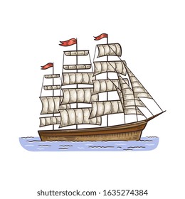 Vintage sailboat or ancient sea ship sketch cartoon vector illustration isolated on white background. Historical frigate with sails beautiful icon or symbol.