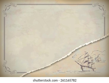 Vintage sailboat drawing on old paper. Travel background with artistic hand drawn ship, sails, antique frame