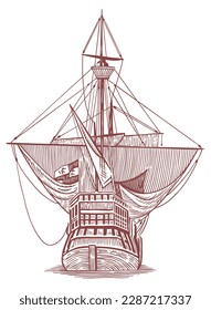 Vintage sailboat drawn in vintage engraving style