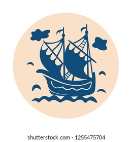 Vintage sailboat floating on waves on round background. Vector illustration with ship in sea. Pattern in style of Dutch tiles. Isolated icons on white background.