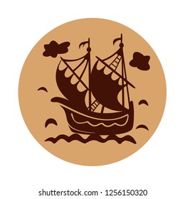 Vintage sailboat floating on waves on round background. Vector illustration with ship in sea. Pattern in style of Dutch tiles. Isolated icons on white background.