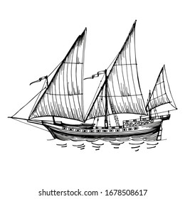Vintage sailboat. Hand drawn vector sketch. Detail of the old geographical maps of sea