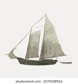 Vintage sailboat illustration with two sails. Rustic sailboat art, muted colors. Classic sailboat design, perfect for nautical-themed decor. Vintage style art drawing, isolated vector element.