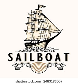 vintage sailboat logo design. cruise ship, nautical tourism, vector illustration design.