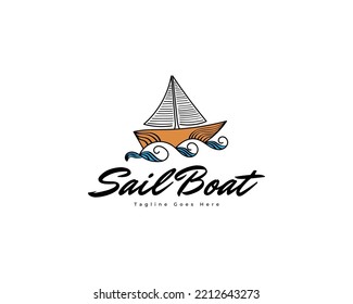 Vintage Sailboat Logo Design with Line Art Style. Sailboat with Blue Wave Illustration for Logo Business Identity