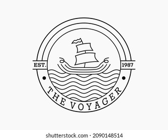 Vintage sailboat logo. The retro circular logo is designed with a sailboat and wavy ocean. Elegant logo for beach, company, travel, museum, seafood, marine, fisherman, sailor.
