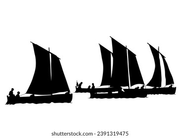 Vintage sailboat in the sea on a white background