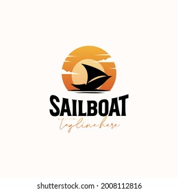 Vintage Sailboat Sunset Hipster Logo Template Isolate in White Background