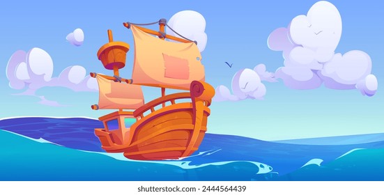 Vintage sailboat with wooden deck and patch on textile masts on sea or ocean waves. Cartoon vector illustration marine landscape with ancient ship. Medieval nautical transport for cruise or fishing.