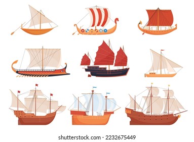 Vintage sailboats of different eras and countries. Ships travel across the seas and oceans in different periods of time. Vector illustration