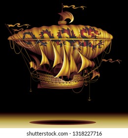 Vintage sailing air ship on a black background