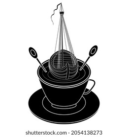 Vintage sailing boat ship floating in a cup of tea or coffee with two spoons as oars or paddles. Creative funny beverage concept. Black and white silhouette.