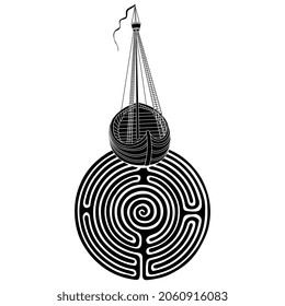 Vintage sailing boat ship floating in round spiral maze or labyrinth symbol. Creative concept. Black and white silhouette.