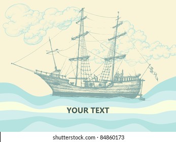 Vintage sailing boat side view, stylized waves and clouds design