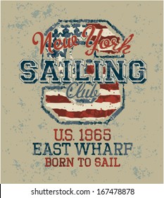 Vintage sailing club, Grunge vector artwork for sportswear in custom colors