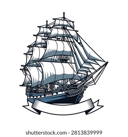 Vintage sailing ship with billowing white sails.