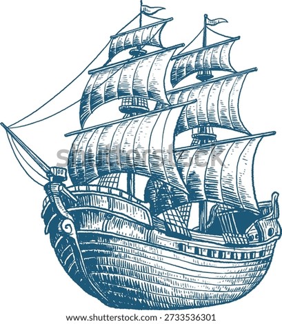 Vintage Sailing Ship Engraving, Old Wooden Pirate Boat Black and White Vector Illustration