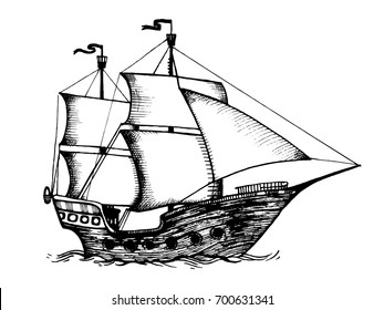 Vintage sailing ship engraving vector illustration. Scratch board style imitation. Hand drawn image.