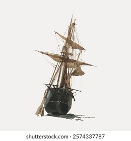 Vintage sailing ship illustration with detailed sails and rigging. Nautical art featuring a classic ship design. Perfect for maritime and ship enthusiasts. Vintage art, isolated vector element.