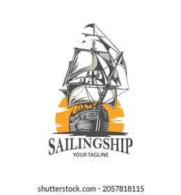 Vintage Sailing Ship Logo At Sunset Logo. Illustration on logo badge
