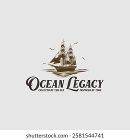 Vintage sailing ship logo - tall masts and sails on the sea, nautical engraving-style with seagulls vector design