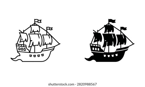 A vintage sailing ship with multiple masts and billowing sails, depicted in both outline and solid black silhouette styles on white background.