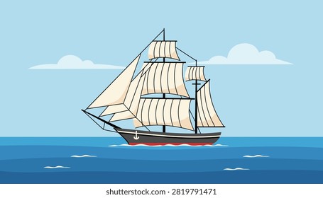 Vintage sailing ship with multiple white sails moving gracefully across the calm blue ocean waves against a clear sky.