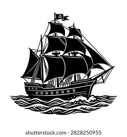 Vintage sailing ship navigating through choppy ocean waters with full sails